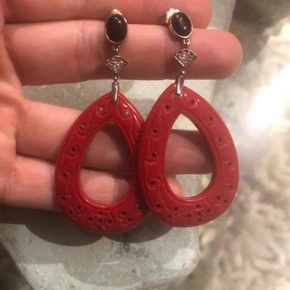 Carved Drop Earrings - Possibly gold with diamond accents - Picture 1 of 1